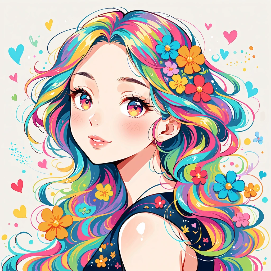 Heavy rain and lightning。Wearing a sleeveless dress、Light rainbow hair、A big smile、most beautiful girl of all time、Lips in Love、Colorful flowers、colorful hearts, Simple line initials、Abstract art、Urban Background