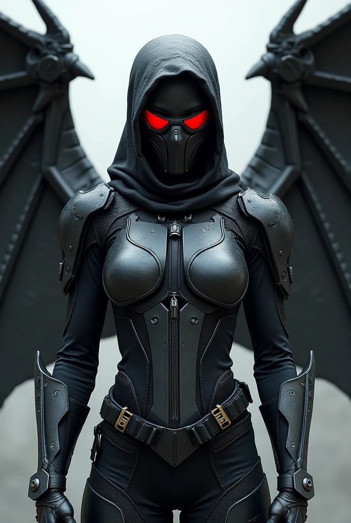 girl, a black and gunmetal grey combat suit that has a chest plate that does not define her chest, it is even across her front, with a cowl that covered her head and face, wearing half-moon goggles with illuminated red lenses. she has wings that were 30 feet wide, like a wyvern's wings but hers are made of metal