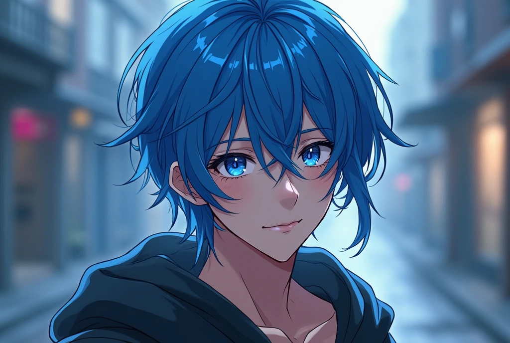 create an adult character, handsome anime boy with blue hair