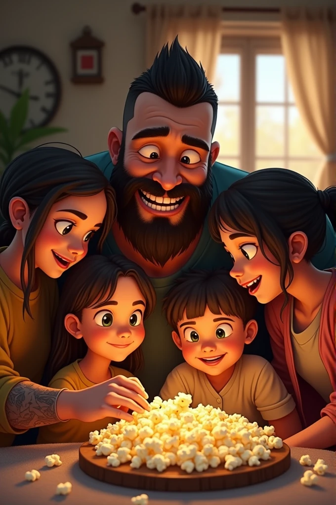 Father at home with four children eating popcorn. He has short hair, Blackbeard and wears tattoos. The children are three girls and one boy.
