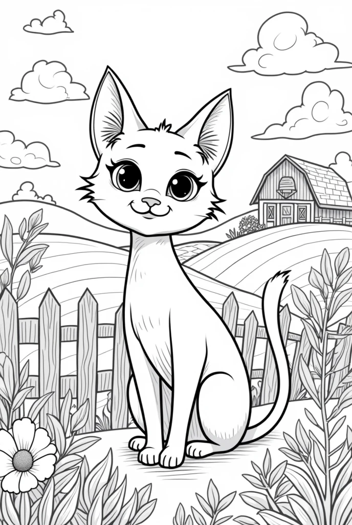 Create a black and white image of a cat designed for coloring. The design should be detailed but accessible to color, with clear lines and spaces that allow for creative use of color. Each cat should be depicted in a farm setting, with elements that add context but keep the focus on the animal itself. The overall style should be playful and engaging, suitable for children.