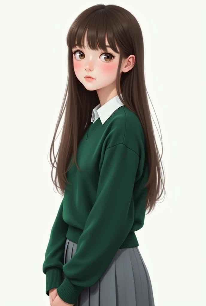 A pretty pale-skinned American girl, long brown hair, straight and with straight bangs, school uniform of green sweater and gray skirt, The girl is on a white background