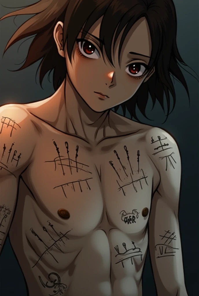 Kizi, with dark brown hair and brown eyes showing the whip marks on his back 