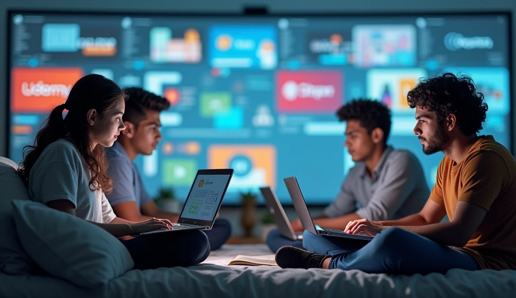 "Online learning platforms as alternatives to college"
A split screen showcasing logos and interfaces of Udemy, Coursera, and Skillshare alongside students learning from home on laptops, illustrating the popularity and flexibility of online learning platforms.. Make it realistic