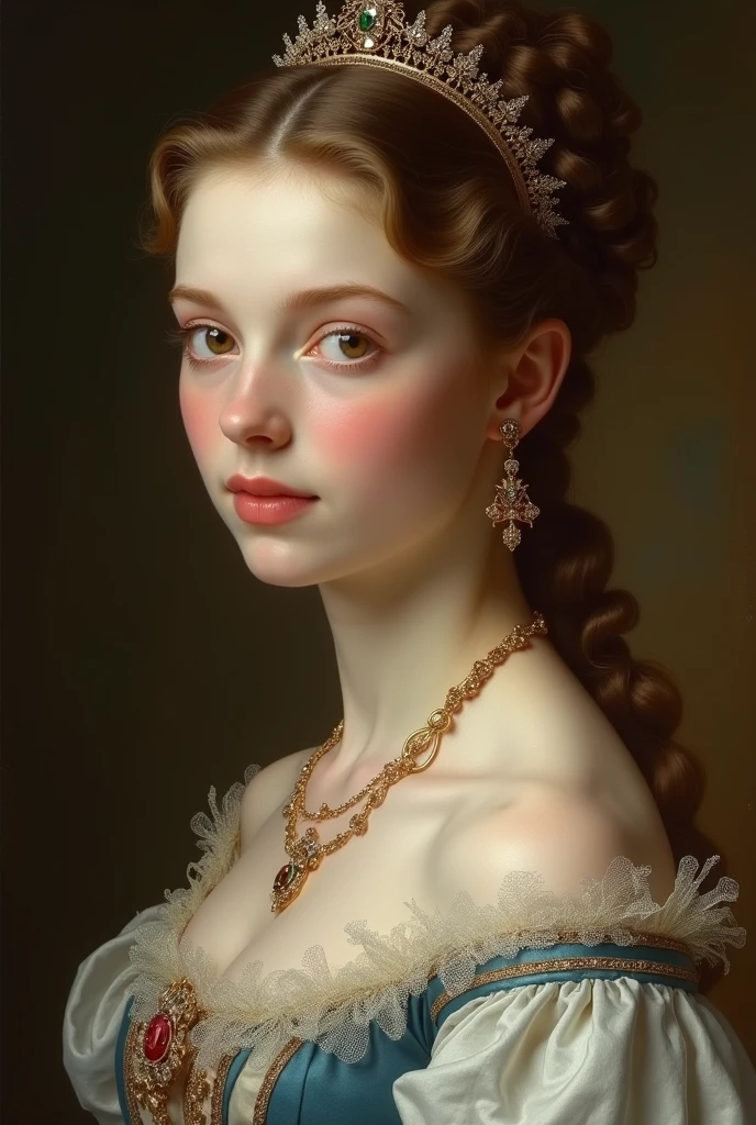 La princesse Charlotte de Valois est d'une beauté à la fois douce et majestueuse. Son visage ovale, aux traits délicats, est marqué par une peau d'une pureté d'albâtre, légèrement rosée sur les pommettes, évoquant une porcelaine fine. Ses yeux, d'un brun profond, captivent par leur éclat chaleureux et leur regard pénétrant, toujours empreint de douceur et de bienveillance.
Ses cheveux, d'un châtain clair et soyeux, tombent en boucles légères autour de son visage, rehaussant la finesse de ses traits. Ils sont souvent coiffés avec élégance, agrémentés de bijoux discrets qui soulignent la noblesse de sa lignée. Ses lèvres, naturellement rosées et finement dessinées, arborent souvent un sourire subtil, symbole de son caractère aimable et de sa bienveillance innée.
Sa silhouette, gracieuse et élancée, est celle d'une jeune femme qui porte avec aisance et naturel les somptueuses tenues royales. Ses mains, fines et délicates, révèlent une éducation soignée et un goût pour les arts. L'ensemble de son apparence reflète une harmonie parfaite entre la délicatesse et la prestance royale, faisant d'elle l'incarnation vivante de l'élégance française.