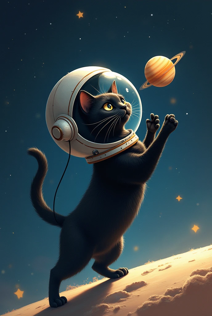 Simple black cat with astronaut helmet on its back trying to catch a miniature Saturn with its paws