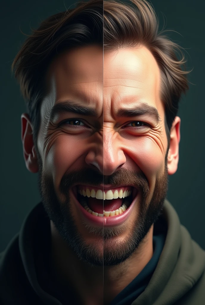 "Create an image of two men with a split face. The left side of the face belongs to a man who is worn out and crying, with tears running down his face and a distressed expression. The colors on this side are dark and muted, with shades of black and gray. The right side of the face belongs to a man who is successful and happy, with bright eyes and a confident smile. The colors on this side are bright and vibrant, with shades of yellow and white. The left (defeated) side should appear emotional and tearful, while the right (successful) side should look lively and victorious."
