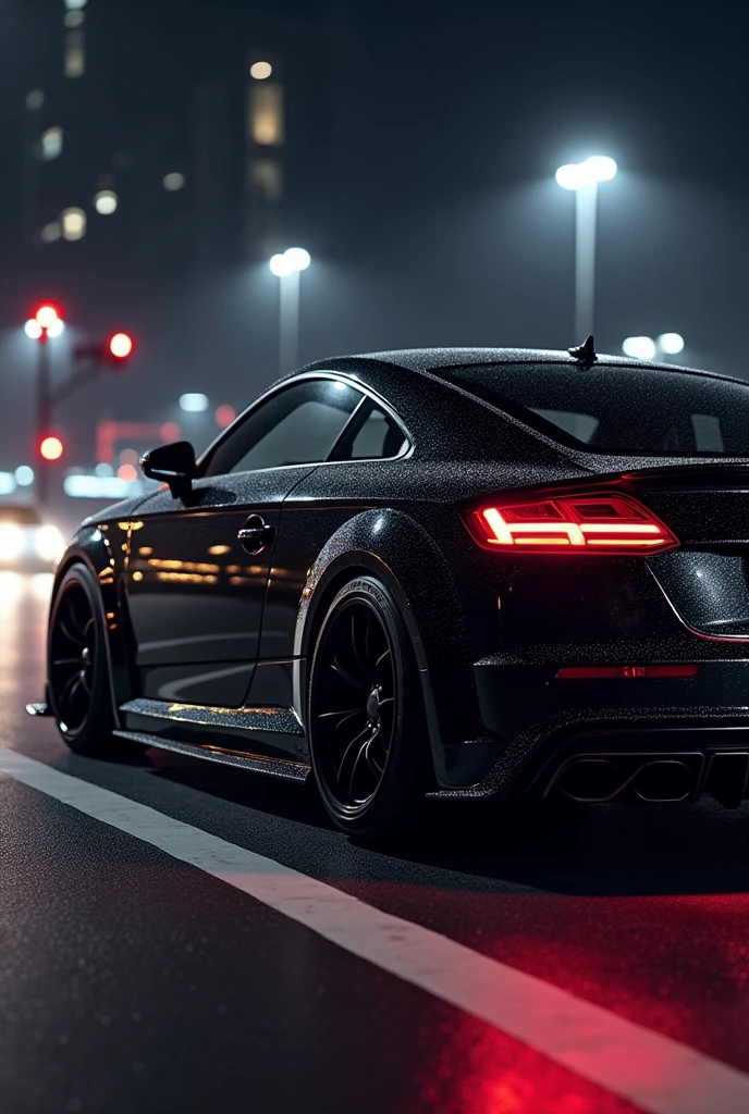 Audi TTRS 2021 in black with black rims at night with lights on