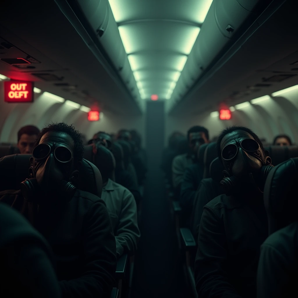 A dark and terrifying interior of an airplane cabin filled with lifeless passengers, each wearing eerie gas masks. The dim, flickering lights cast unsettling shadows, revealing the haunting scene of passengers slumped in their seats, their bodies lifeless and rigid. The gas masks, with their dark, empty eye sockets, add a disturbing element of fear, as if the passengers were trapped in a final, hopeless struggle for survival. The atmosphere is suffocating and heavy with despair, with an ominous sense of death lingering in the air. Emergency signs glow faintly in the background, barely illuminating the horror that fills the cabin. (extremely detailed CG unit 8K wallpaper, Artwork, best quality, ultra-detailed, hdr:1.2, dark and terrifying atmosphere, eerie lighting, horror vibes)