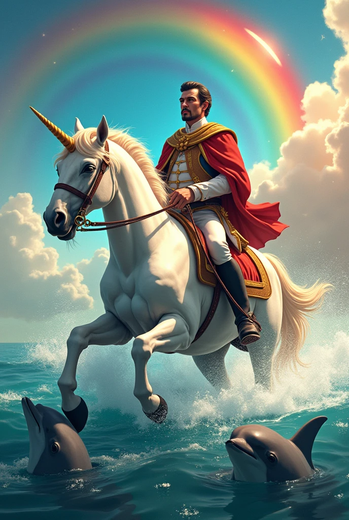 Simon Bolivar with short hair and long sideburns on a unicorn and dolphins next to him and a rainbow and sparkles 