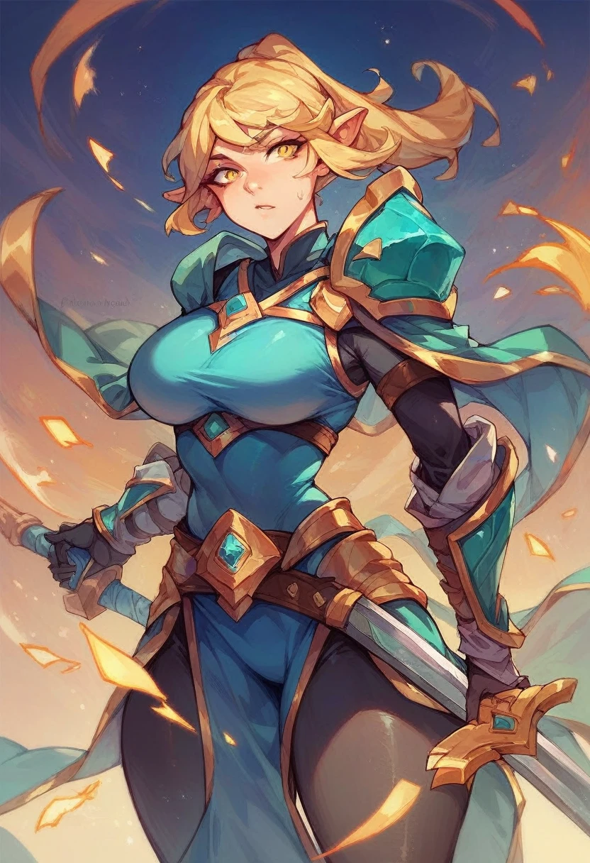 female, paladin, holy sword, cross, yellow magic, female, curves, tight clothes, armor, big breasts, wide hips, yellow eyes, blonde