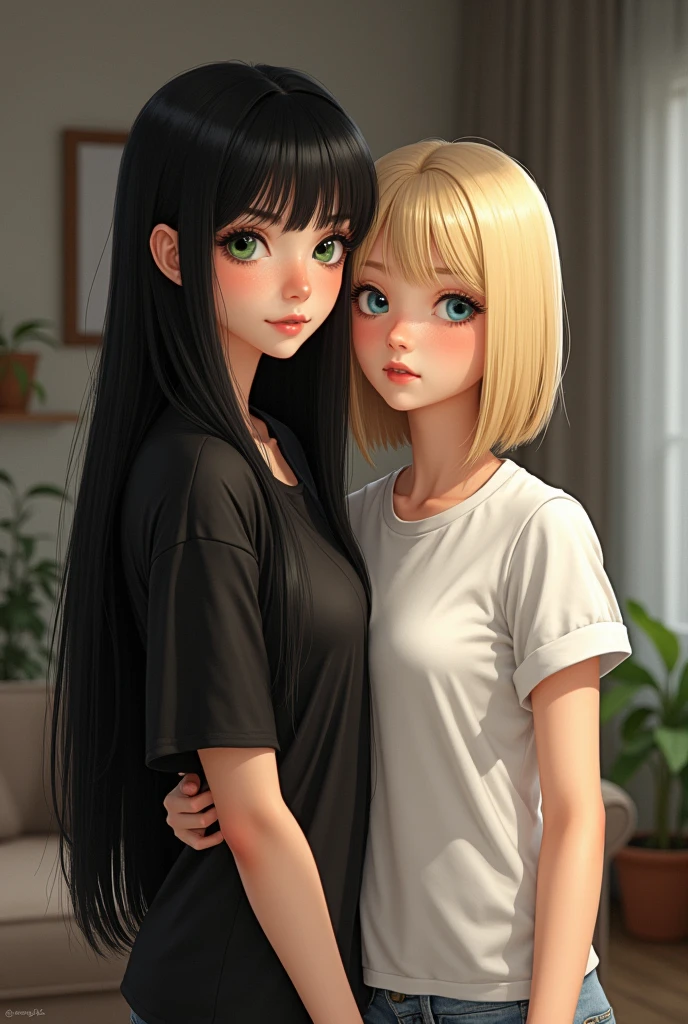 Realistic image of Two women standing next to each other one being white slender green eyes long straight black hair with bangs on her forehead delicate face wearing a black women&#39;s shirt, the second woman is white, thin, blonde, short straight hair down to her neck, no bangs on her forehead, natural blonde, blue eyes, she is wearing a white women&#39;s shirt, they are both standing in a living room with the blonde resting her arm on the other woman&#39;s shoulder.