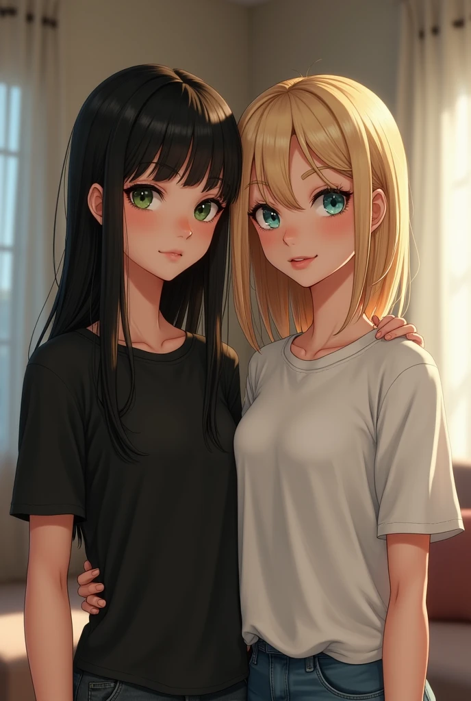 Realistic image of Two women standing next to each other one being white slender green eyes long straight black hair with bangs on her forehead delicate face wearing a black women&#39;s shirt, the second woman is white, thin, blonde, short straight hair down to her neck, no bangs on her forehead, natural blonde, blue eyes, she is wearing a white women&#39;s shirt, they are both standing in a living room with the blonde resting her arm on the other woman&#39;s shoulder.