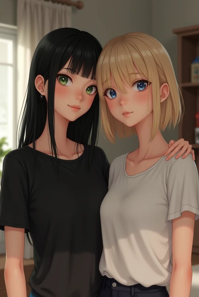 Realistic image of Two women standing next to each other one being white slender green eyes long straight black hair with bangs on her forehead delicate face wearing a black women&#39;s shirt, the second woman is white, thin, blonde, short straight hair down to her neck, no bangs on her forehead, natural blonde, blue eyes, she is wearing a white women&#39;s shirt, they are both standing in a living room with the blonde resting her arm on the other woman&#39;s shoulder.