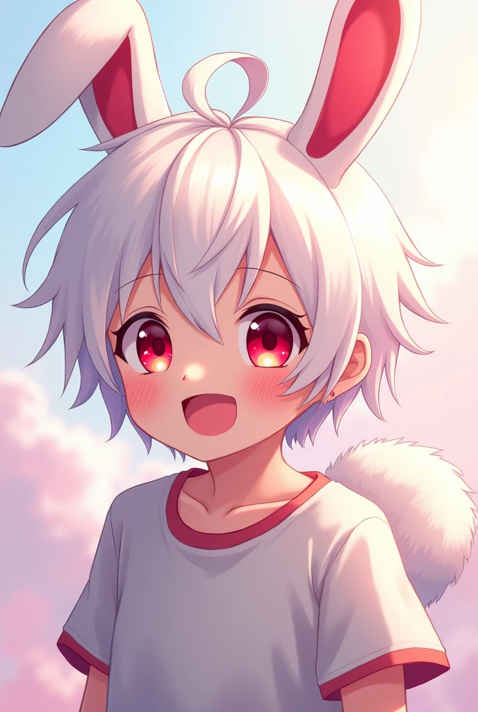 Happy anime boy with white hair, red eyes and bunny ears and tail.