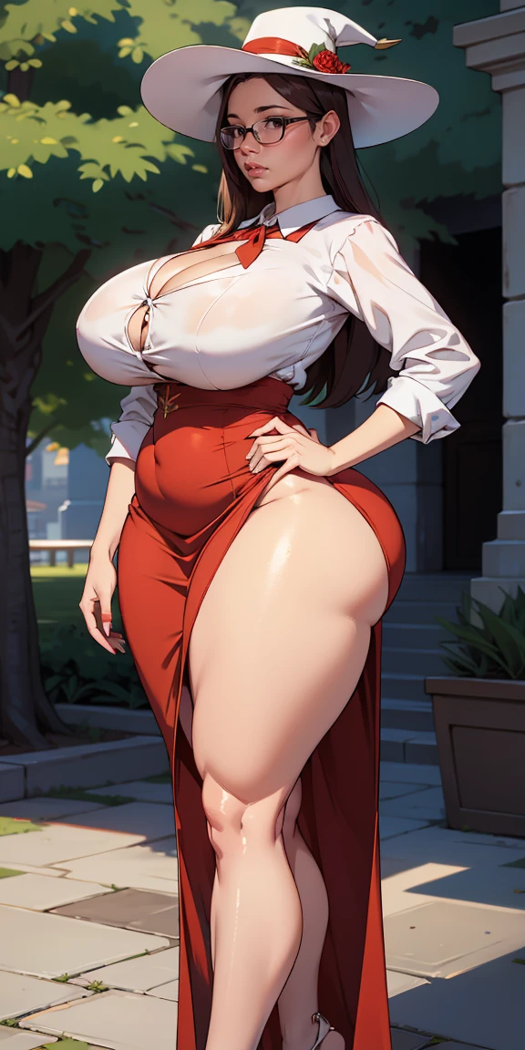 Hyper realistic super detailed sexy  professora  con grandes curvas y gran culo  , glasses crossed legs high heels, massive thighs, bulky body, realistic, beautiful face, long sleeved, plaids,red pinafore dress, red skirt, waist line,long skirt,wide white hat, (gigantic breasts, gigantic ass, huge hips, thick, curvy, venus body), outdoors, standing