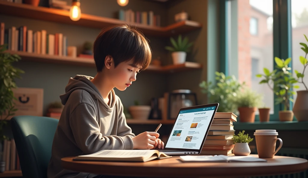 "The freedom of self-learning"
A person learning independently at a coffee shop, surrounded by books, coding tutorials, and online courses on a laptop, showing the flexibility and empowerment of self-directed learning. Make it realistic