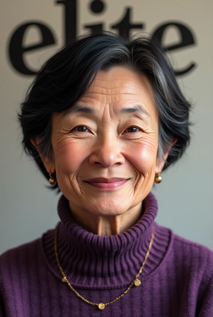 An elderly person who is a woman, He has short, black hair, Her eyes are brown and she has a very nice smile.. She is wearing a purple sweater and behind her are the words "Elite"