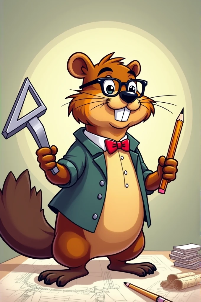 A beaver that has architectural drawing instruments (Cartoon Network cartoon style) 