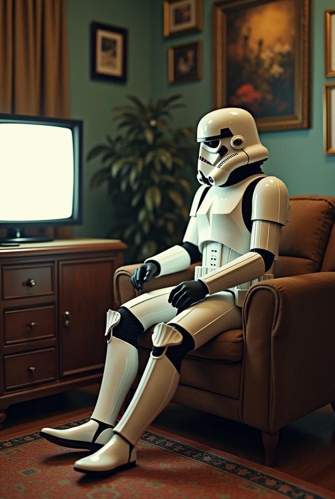 Stormtrooper watch tv in a vintage image 
