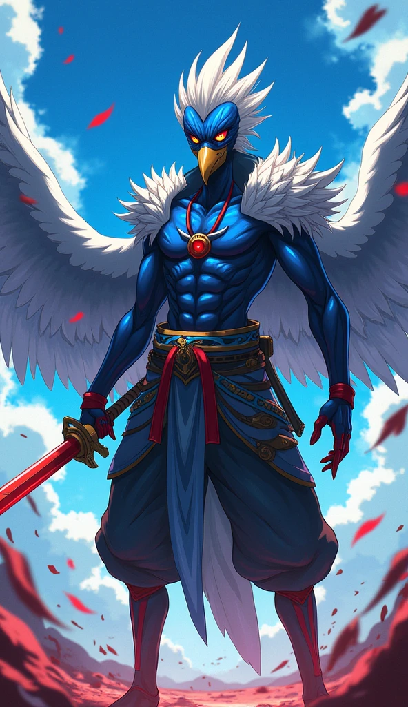 sanraku character, from the anime, SHANGRILA FRONTIER, with a sword in his hand and his face painted blue, 2 d anime, trigger anime art style, 坏蛋动漫8 K, 2d anime style, avian warrior, gurren lagann, rimuru storm profile picture, 2d art, 2d art, Shikanosuke Yagaki, Otaku de Ganga, holds a swordSolo, 