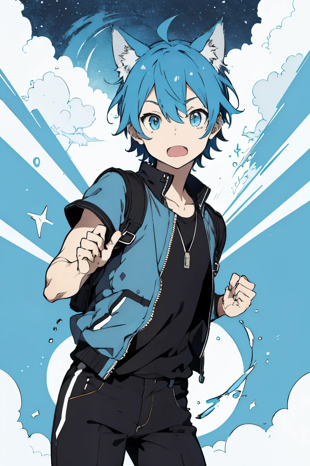 Anime boy with adventurous cat ears with bright blue hair color looking straight ahead , curious , funny ,Motivational