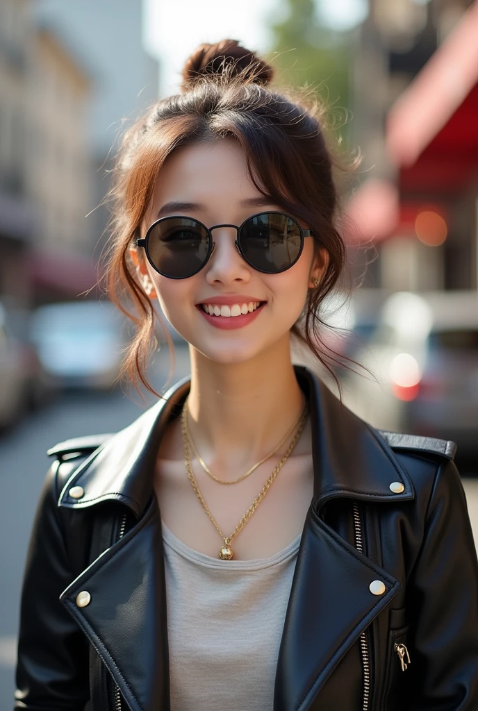 Beautiful young woman of the year、 Korean women、Brown Hair、Hairstyle bun、Necklace around the neck、sunglasses、leather jacket、shirt、smile, Beautiful teeth alignment、Intricate details, Very detailed:1.2), 、 Looking into the camera,The background is the town、Ear piercing