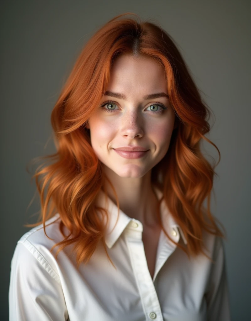 Professional studio photography of high quality red-haired girl psychologist. A trusting look. Good-natured. portrait. 