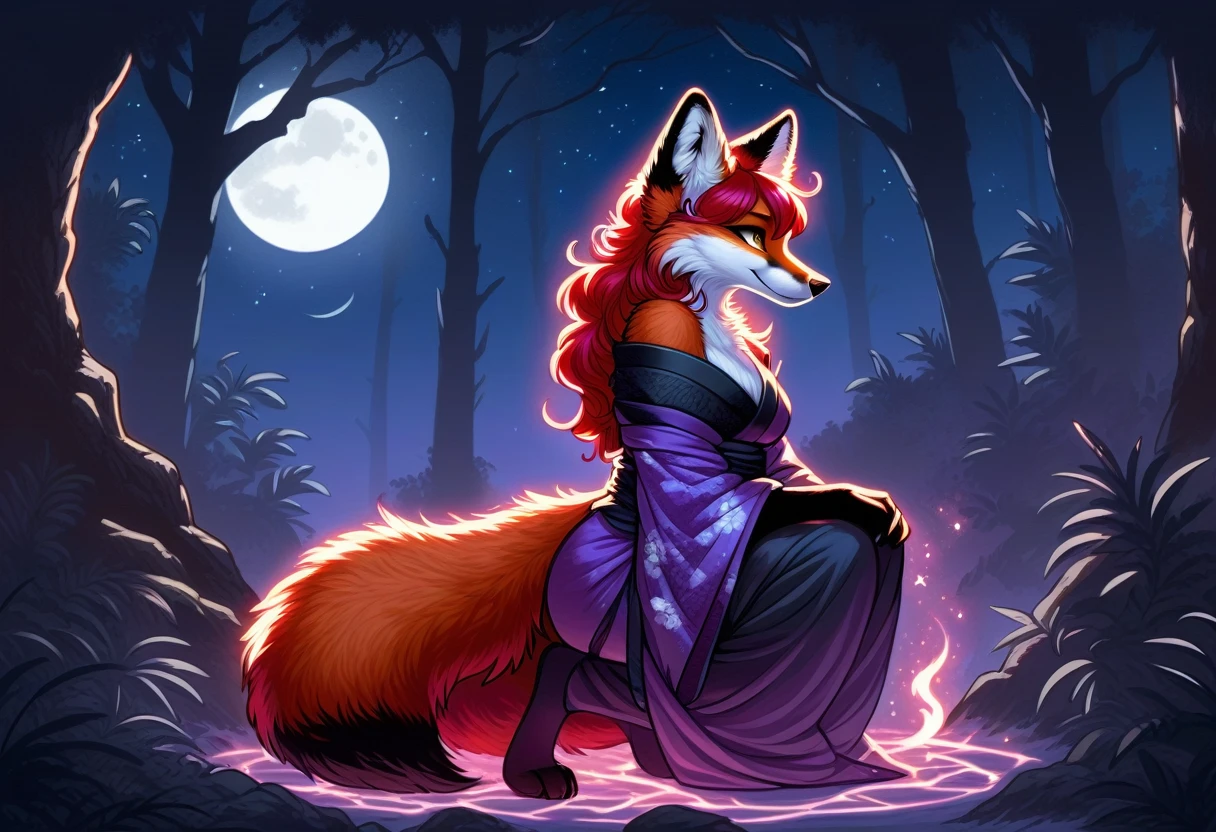 red fox, female, vixen, vibrant colors, gorgeous, majestic, beautiful, hair, scarlet hair, red hair, yellow eyes, smile, full body, night, moody, elegant, mysterious, highres, perfect artwork, absurdres, rzminjourney, vector-art, side view, moon, beautiful night sky, stars, black night sky, crouching, wearing a sexy and elegant magical yukata, sexy thigh highs, wearing thigh highs, red and black outfit, casting purple magic, purple flame, sexy body, voluptuous, waifu, in a forest