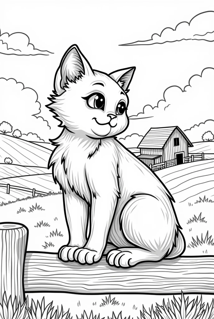 Create a black and white image of a male cat designed for coloring. The design should be detailed but accessible to color, with clear lines and spaces that allow for creative use of color. Each cat should be depicted in a farm setting, with elements that add context but keep the focus on the animal itself. The overall style should be playful and engaging, suitable for children.