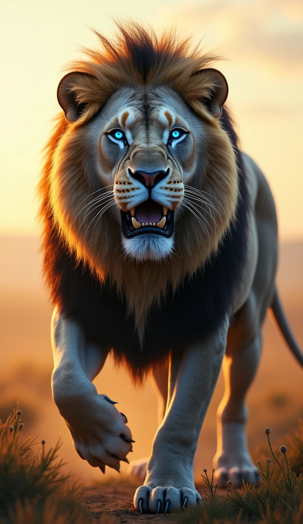 Generate an ultra realistic 8k image of a big strong blue-eyed lion