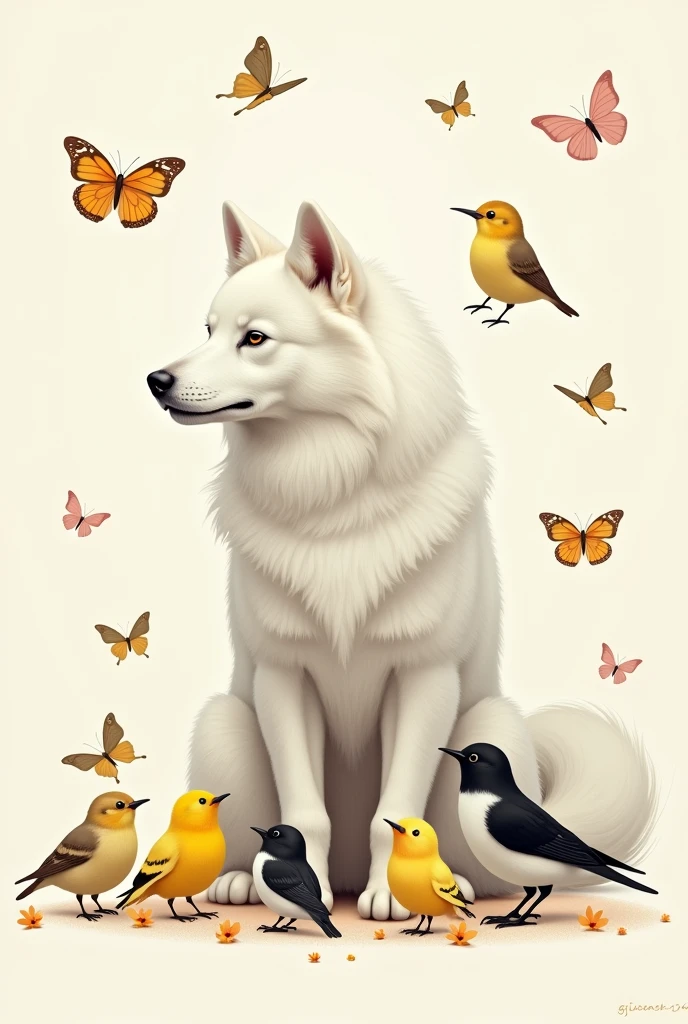 I liked the first proposal better with that style but everything taking up less space on the arm including a white Samoyed, that animals unite for butterflies, In that image the birds are: 2 yellow canaries and 2 black mini birds with white chest, 1 hummingbird and 1 chick.