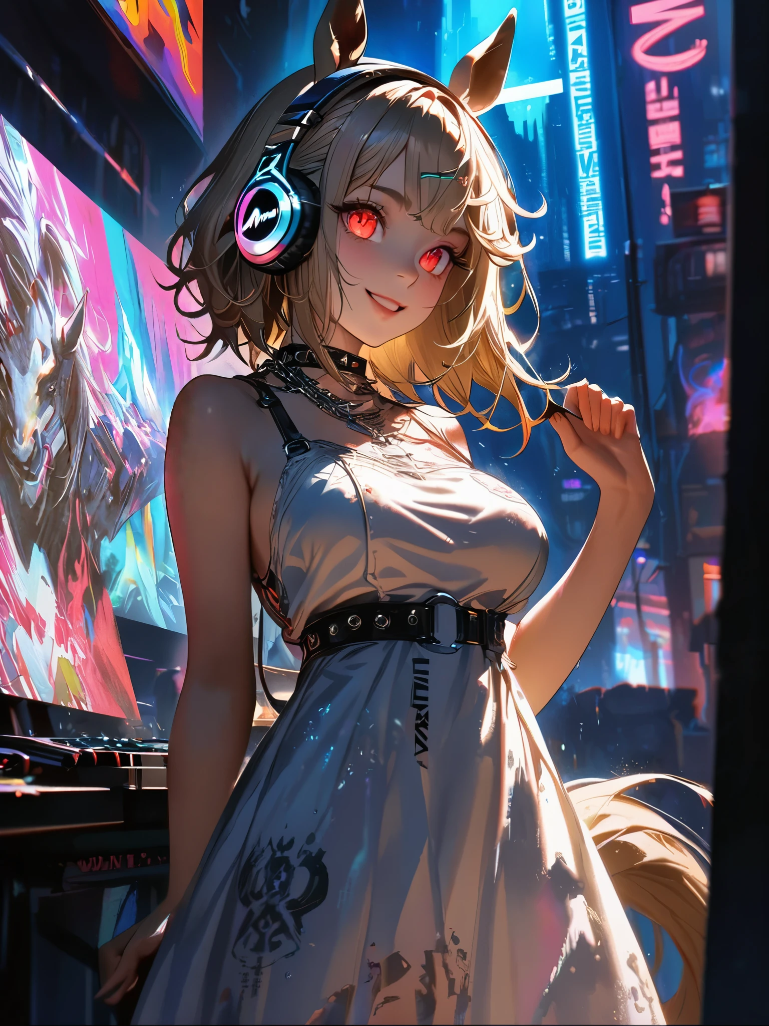 (masterpiece:1.3), (8K、photorealistic, Raw photo, best quality:1.4), (1 girl), (solo), (cute, little:1.5), (very cute face:1.5), (Symmetrical perfect face), ((beautiful blonde bob cut hairstyle)), bangs, hair is messy, don't listen, (awesome cat ears:1.3), (intense red eyes, strong eye highlights, beautiful eyelashes), (nose blush:1.3), (flat chest:1.4), (small natural breasts:1.5), (beautiful thighs), perfect anatomy, glowing skin, (high detail skin: 1.2), dynamic angle, (black leather jacket, supple and thin fabric, black mini skirt), (The latest futuristic headphones:1.3), Metal belt in linear configuration, Finely crafted metal accessories, silver choker, Short black boots), ((detailed silk bra, panties)), ((accurate arm, five fingers, accurate legs)), black metal ornaments, (flustered), (the asphalt is wet, Slipping and falling, fall on the road, Lie on your back on the ground:1.3), (A big city where you can see the sunset at 6 p.m., red sunset clouds, it's raining), my body gets wet from the rain, (Decadent and futuristic urban area in the evening). (advanced future car, flashing red light)、(lightning is shining), (Flashing blue and purple neon tubes), (cyberpunk background, blade runner), volume lighting, soft light, bright, Bright colors