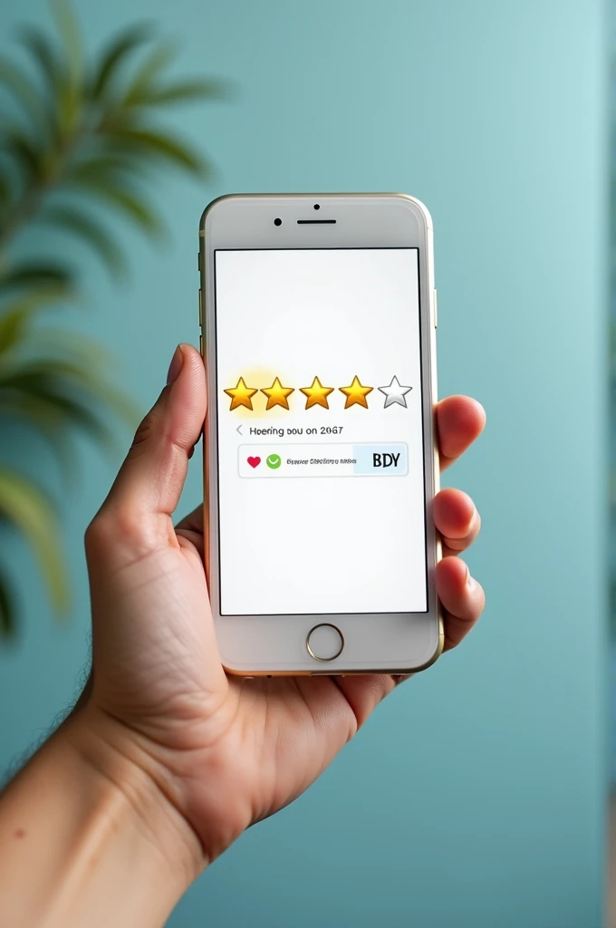 An image with a clear, clean background, highlighting a hand holding a smartphone with the Shopee interface open. On the cell phone screen, show a gold star ratings section (5 stars), with a special highlight in a positive evaluation. ao redor, include star icons, hearts, and a little growth chart, suggesting the positive impact of good reviews
