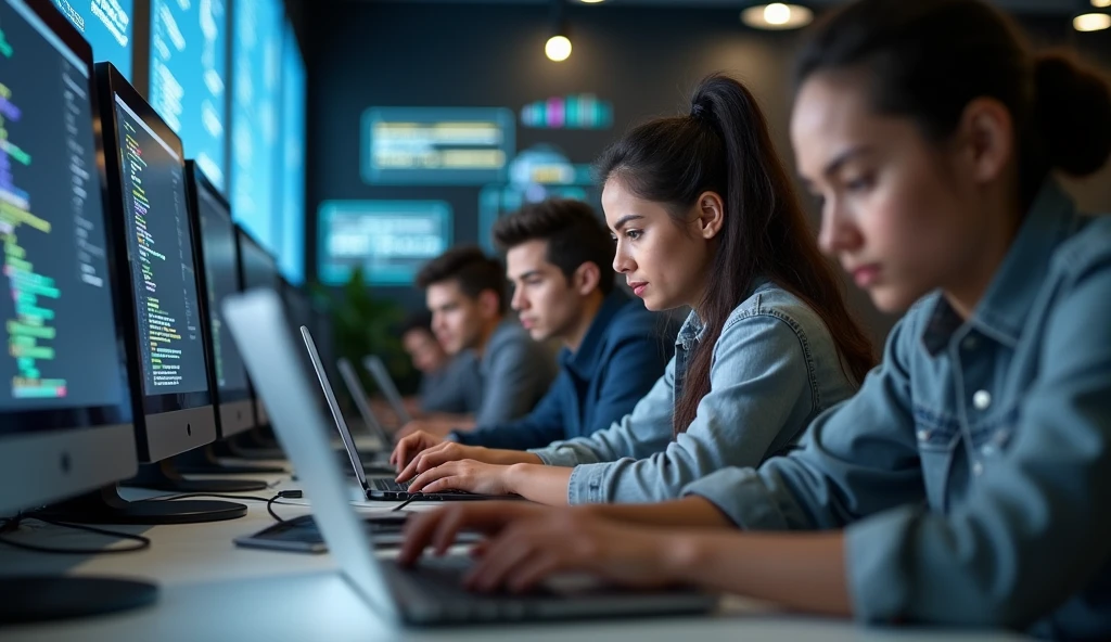 "Boot camps as fast-track education"
A group of students at a coding boot camp, engaged in hands-on, intensive learning with project-based tasks, representing a fast, practical route to acquiring skills. Make it realistic