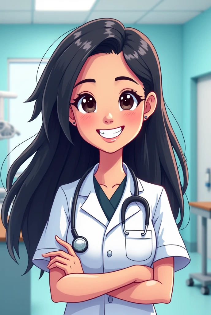 Cartoon female dentistry student current long black hair