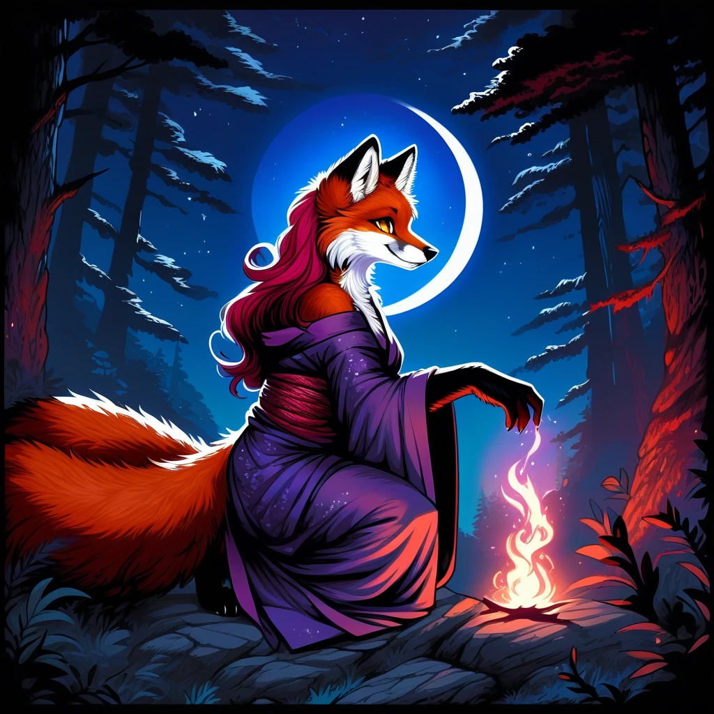 red fox, female, vixen, vibrant colors, gorgeous, majestic, beautiful, hair, scarlet hair, red hair, yellow eyes, smile, full body, night, moody, elegant, mysterious, highres, perfect artwork, absurdres, rzminjourney, vector-art, side view, moon, beautiful night sky, stars, black night sky, crouching, wearing a sexy and elegant magical yukata, sexy thigh highs, wearing thigh highs, red and black outfit, casting purple magic, purple flame, sexy body, voluptuous, waifu, in a forest