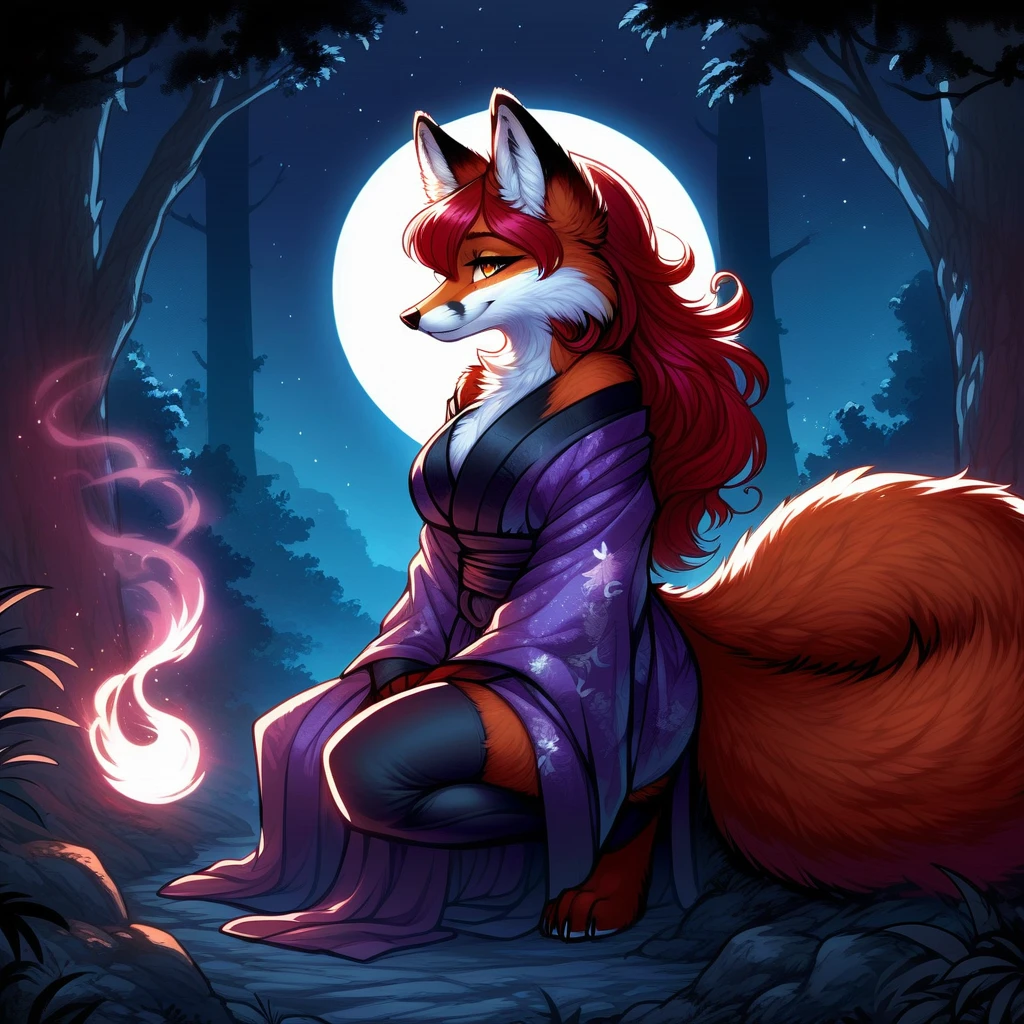 red fox, female, vixen, vibrant colors, gorgeous, majestic, beautiful, hair, scarlet hair, red hair, yellow eyes, smile, full body, night, moody, elegant, mysterious, highres, perfect artwork, absurdres, rzminjourney, vector-art, side view, moon, beautiful night sky, stars, black night sky, crouching, wearing a sexy and elegant magical yukata, sexy thigh highs, wearing thigh highs, red and black outfit, casting purple magic, purple flame, sexy body, voluptuous, waifu, in a forest