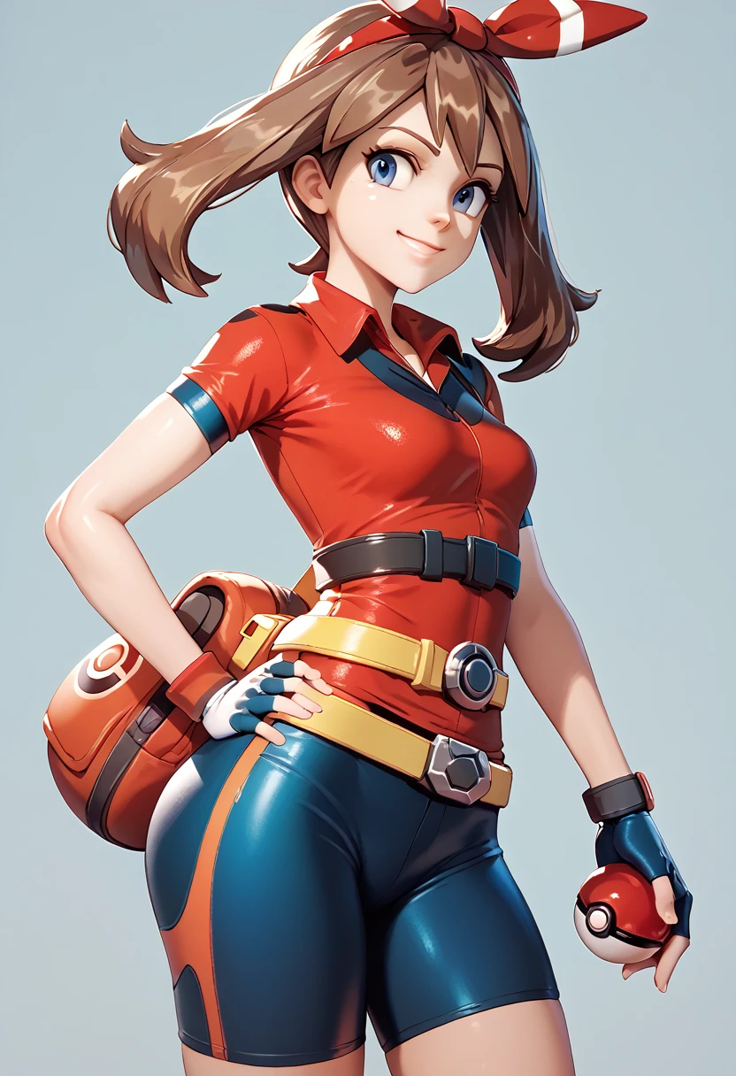 overwatch, 3d, cgi, may (pokemon), may, twintails, brown hair, bike short,red two tone short sleeved collared top, fingerless gloves, miniskirt, yellow belt, smile, holding pokeball, standing, hand on hip