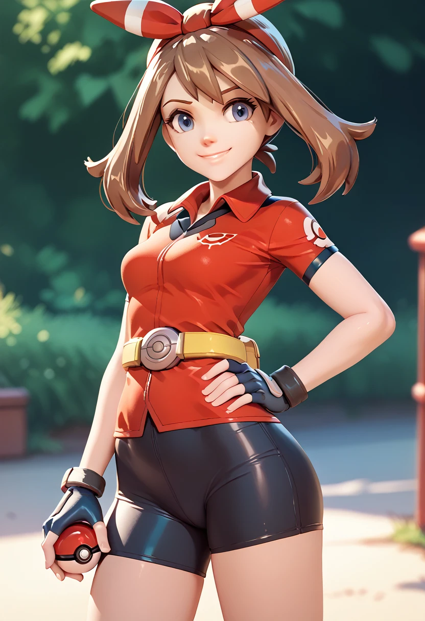 overwatch, 3d, cgi, may (pokemon), may, twintails, brown hair, bike short,red two tone short sleeved collared top, fingerless gloves, miniskirt, yellow belt, smile, holding pokeball, standing, hand on hip