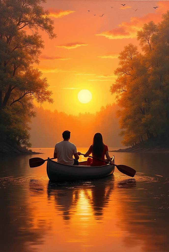 realistic oil painting. sunset in a woodland. a loving couple in a tandem canoe on a calm lake. The water is placid, reflecting the clear sky. birds. silent. The canoe glides smoothly, with the bow paddler performing a forward stroke and the stern paddler steering. intense red light