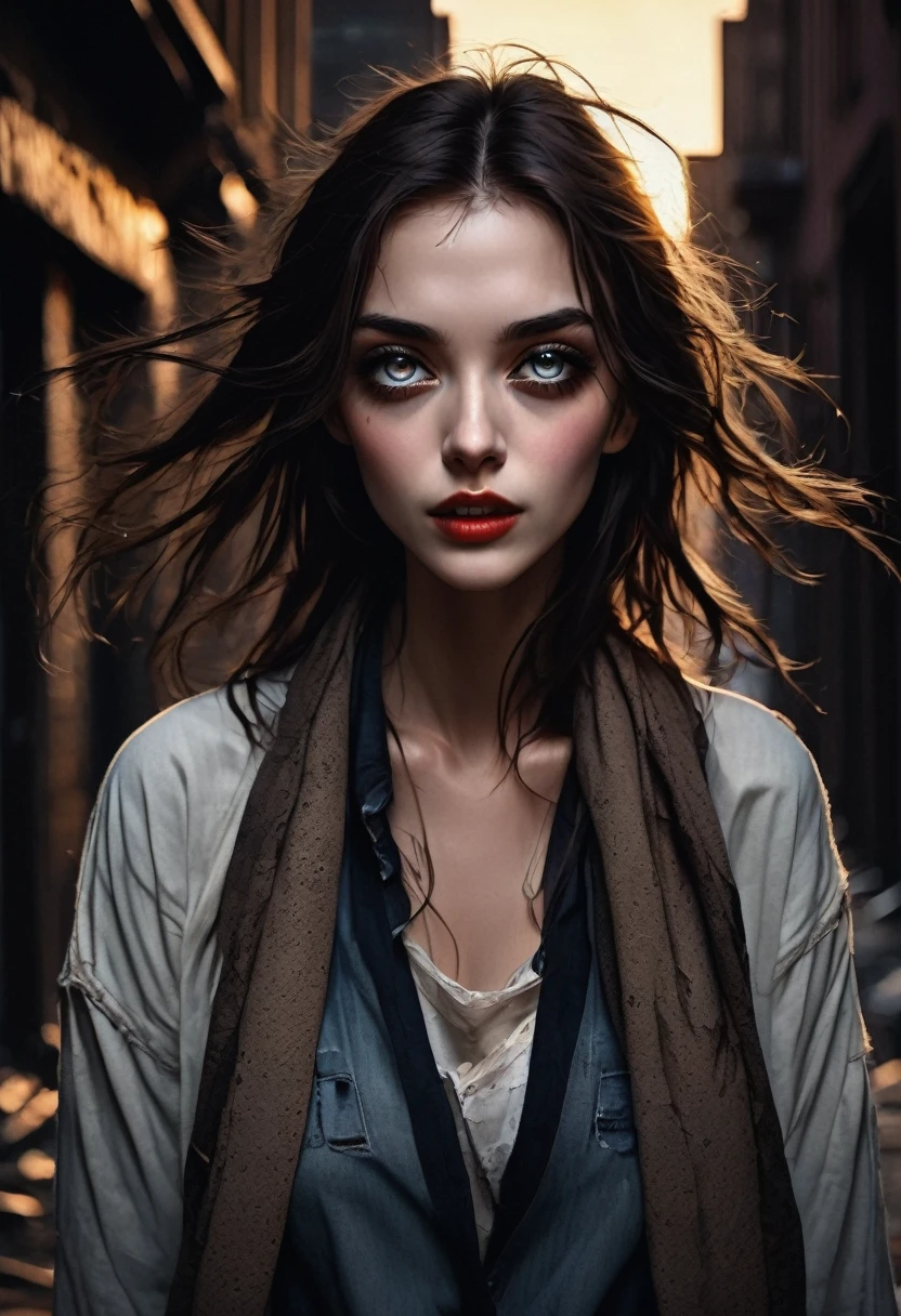 (good quality), (many details), (masterpiece), young woman, worn, torn clothes, wild brown hair, torn jeans, old shirt (broken), at night, in an alley, modern city, old scarf,  vampire, in the dark of the night, emaciated, three eyes