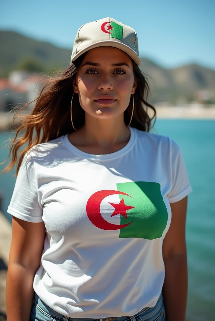Beautiful plump woman, wearing a trendy baseball cap, and a colorful T-shirt with the Algerian flag, high quality, coastal background, beautiful lighting, perfect clarity of the entire image, sharpness of the face and eyes, complex details 64k 32k HDset  
