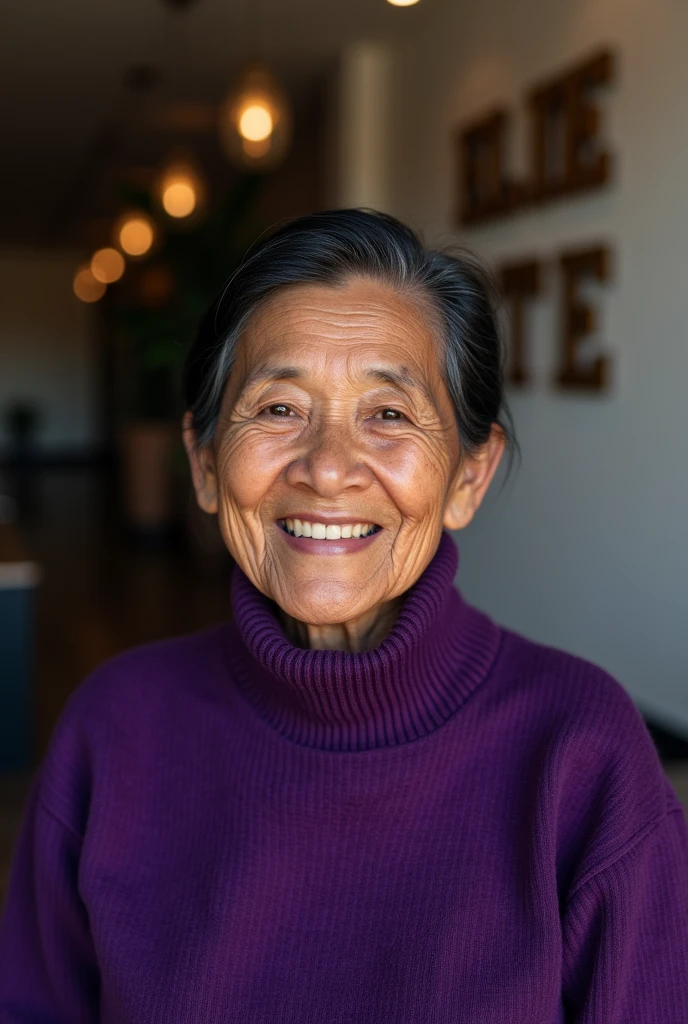 An elderly person who is a woman and Bolivian, He has short, black hair, Her eyes are brown and she has a very nice smile.. She is wearing a purple sweater and behind her are the words "Elite" 
