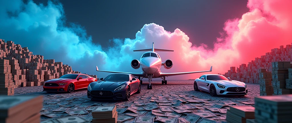 Create a banner having heading " 7 AUG , 5000$ . Background huge amount of money , luxury cars, luxury jet flying. And RGB smokes .