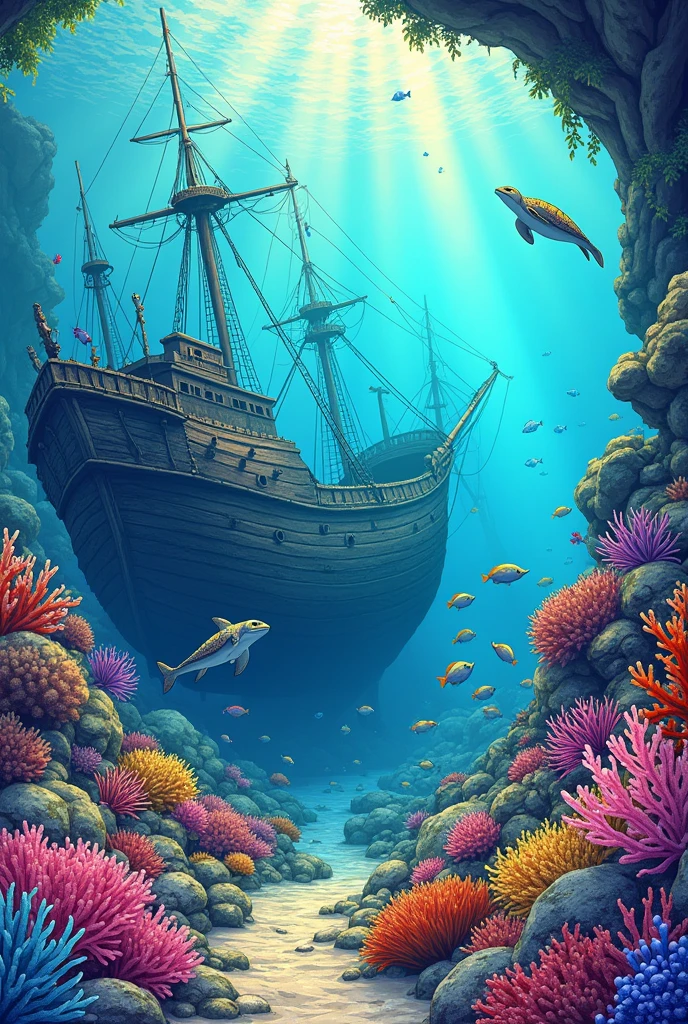 create coloring pictures of marine life with underwater creatures, corals and shipwreck scenes