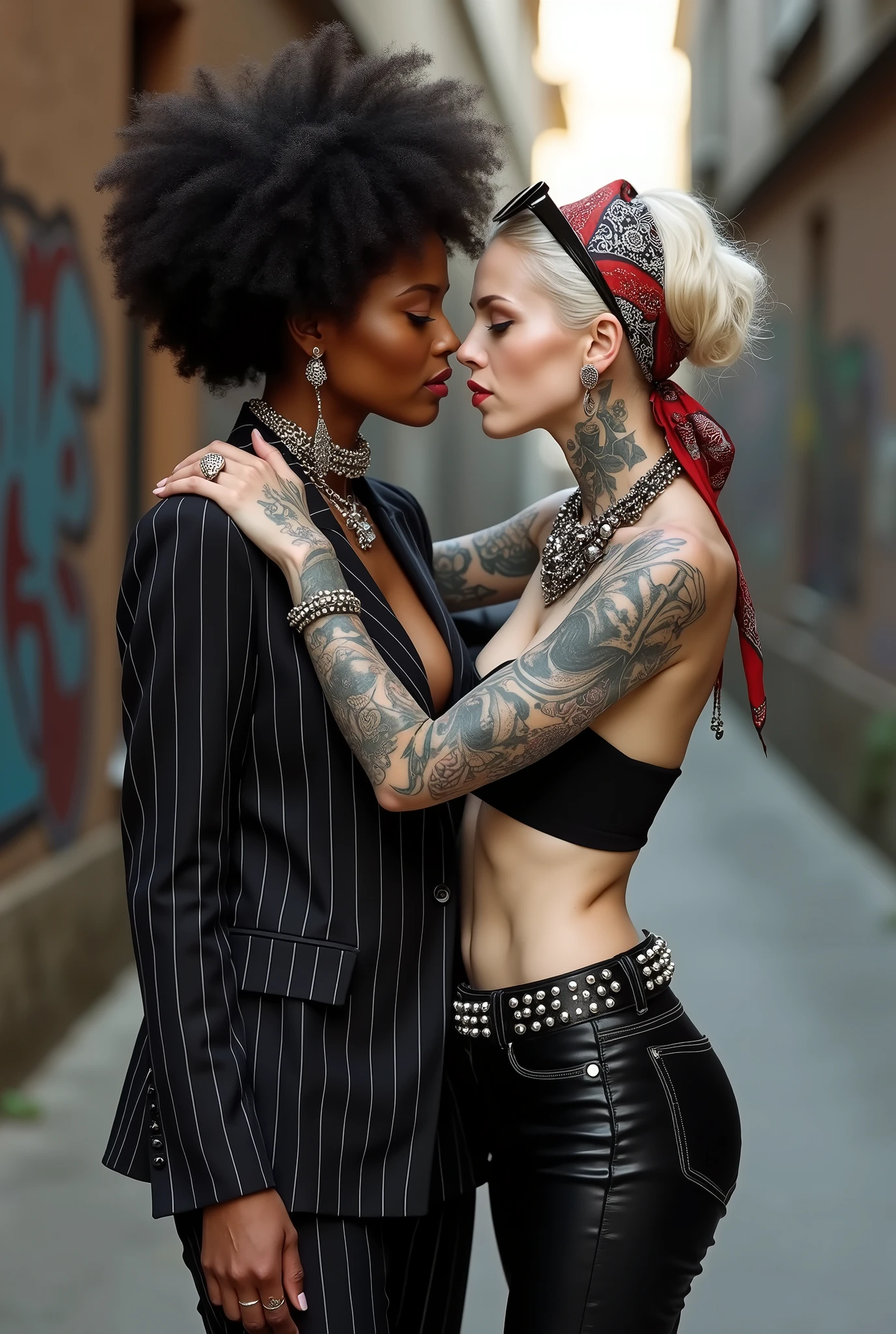 Two russian old milf women: the dominant aggressive dark skinned black woman in business pinstripe suit (jacket and trousers), black heeled shoeslong nails and afro hair, standing up with separated legs and possessive stance showing off her new white girlfriend to the camera (arm around her girlfriends' shoulders squishing her tightly, touching the neck of the white woman with her other hand, like a predator on her prey). Next to her, her white rich drunk girlfriend looks at the camera  (white woman is very pale: pale face, pale neck, pale chest, pale arms, pale hands, pale stomach, pale leg), white woman stretches her neck and looks at the camera  feeling overwhelmed by her girlfriend. white woman is shy and submissive, feeling dizzy and needy white woman is being seduced. White woman stands up on her tiptoes, White woman"s body is twisted and unstable, with hands on air. White woman dresses in  rock chic style: Black skinny leather jeans with white seams, platinum blonde hair (pouf, top messy bun, wide colourful bandana as headband) and oversized square sunglasses as headband. Big lips with no makeup. Black studded lace push up bra, big breasts. Barefoot.. Lots of thick wide studded bracelets in the wrists of the white woman, big pearl necklaces around the necks of the white woman, and big rings, Pearl earrings. Loose chains and studded belts around the hips of the white woman. White woman is lazy, leaning on her girlfriend.. The white woman is densely tattooed on neck, tattoed chest, tattoed arms, tattoed stomach, tattoed legs, wrists and feet. White woman has well Toned abdominals, thin neck, slim legs and thin arms. Narrow hips. The body of the white woman is twisted in a lazy posture. Full body. On a narrow street with graffitied walls 