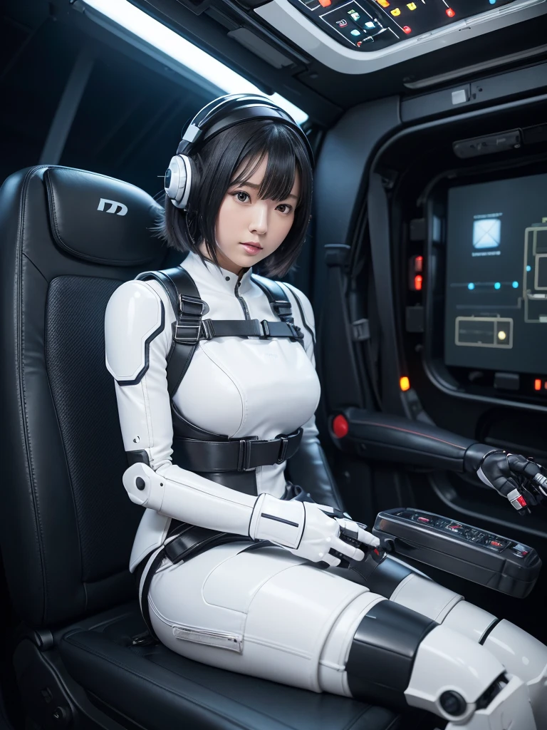 Japanese female android,Black Hair,Space station cockpit,Secured to the seat with a thick harness,Wearing a helmet,Plump,Slightly thicker,Spread your legs,Squat,White robot suit,Robotic arms and legs,Cables coming out of his chest,Surrounded by switches and monitors,