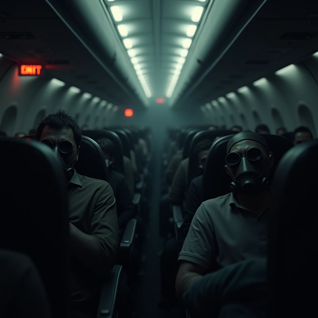 A dark and terrifying interior of an airplane cabin filled with lifeless passengers, each wearing eerie gas masks. The dim, flickering lights cast unsettling shadows, revealing the haunting scene of passengers slumped in their seats, their bodies lifeless and rigid. The gas masks, with their dark, empty eye sockets, add a disturbing element of fear, as if the passengers were trapped in a final, hopeless struggle for survival. The atmosphere is suffocating and heavy with despair, with an ominous sense of death lingering in the air. Emergency signs glow faintly in the background, barely illuminating the horror that fills the cabin. (extremely detailed CG unit 8K wallpaper, Artwork, best quality, ultra-detailed, hdr:1.2, dark and terrifying atmosphere, eerie lighting, horror vibes)