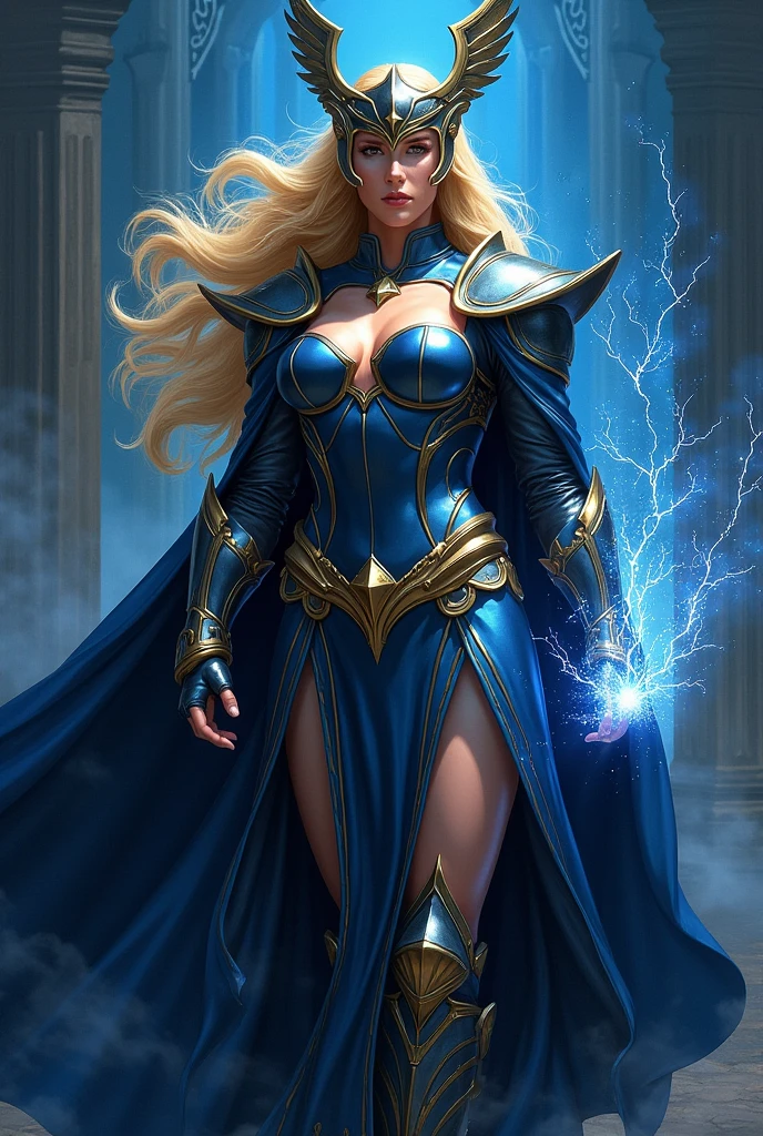 blonde haired norse goddess wearing a helmet, dark blue armor with gold trim, armored Gauntlet. cape with star-field. Cleavage. She has a stern expression. Winged helmet. Posed with arm raised Shooting lightning from hand.(detailed eyes, detailed face). inspired by jack kirby